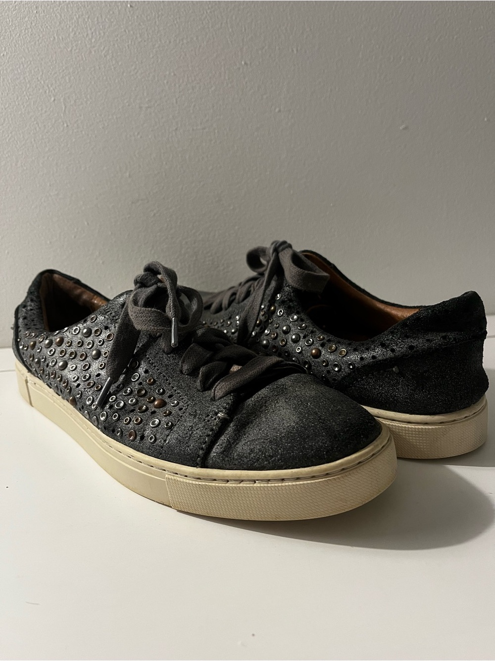 Frye Gray Studded Leather Sneakers